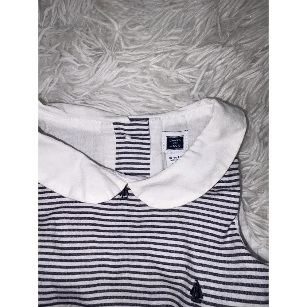 Janie & Jack 6/12 Mo. Classic Sailboat Design Blue Striped Collar Dress. Cute